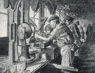 Skæreværksted ved krystalglasfremstillingen i Sevres nær Paris Gravering fra "Excursion a travers les metiers" af Pierre Calmette Private Collection