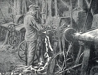 Læderindustri: mekanisk klipning af pelse Gravering fra "Excursion a travers les metiers" af Pierre Calmette Private Collection