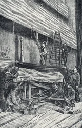 Ejendomsmestre: opsætning af scenesæt før forestillingen Gravering fra "Excursion a travers les metiers" af Pierre Calmette Private Collection
