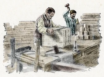 Savonnerie: le découpage des breads de soap (fremstilling af sæbestykker) Gravering fra "Excursion through the trades" af Pierre Calmette Privat samling