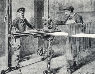 Silkeværksted: forberedelse af kæden ved mappen (Silkearbejde) Gravering hentet fra "Excursion through the metiers" af Pierre Calmette Private Collection