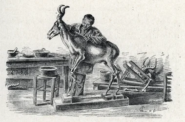 Taxidermi: En taxidermist udstoppede hartebeest i sit værksted Gravering fra Excursion a travers les metiers” af Pierre Calmette Collection privee