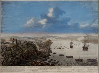 En udsigt over landingsstedet over byen Quebec, der beskriver angrebet...på Hauteurs DE Abraham 13. september 1759, ca. 1760