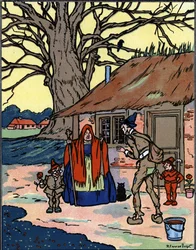 Picrocholes flugt, der møder en gammel heks Illustration af Pierre Couselles (død 1938) fra "Gargantua" af Francois Rabelais