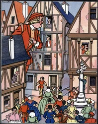 Kæmpen Gargantua i gaderne i Chinon Illustration af Pierre Couselles (død 1938) fra "Gargantua" af Francois Rabelais