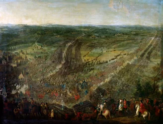 Augsburgs Ligakrig: "" Slaget ved Fleurus vundet af marechal i Luxembourg mod våben fra en koalition af De Forenede Provinser (Forenede Provinser), Imperials, Spanien og Storbritannien, den 1/07/1690"" Maleri tilskrevet Pierre Denis