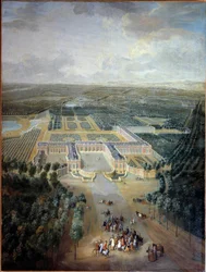Perspektiv udsigt over slottet og haverne i Trianon: promenade af kong Louis XV til hest. Maleri af Pierre Denis Martin (1663-1742). 1700-tallet. Svag. 2,96 x 2,23 m. Versailles, musee du Chateau - Perspektiv udsigt over slottet og haverne i Tria