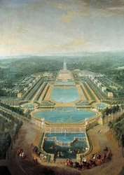 Perspektiv udsigt over slottet Marly, kong Ludvig XV (1710-1774) barn i vogn passerer foran vandingstruget Maleri af Pierre Denis Martin (1663-1742) 1724 Søn. 2,96 x 2,24 m