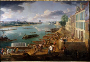Udsigt over Paris, taget fra Quai de la Rapee i 1716. Detalje af både på Seinen og aktiviteter. Maleri af Pierre Denis Martin (1663-1742) 1716 søn. 1,7x3,15 m Paris, Musee Carnavalet.