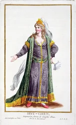 Hyu-Chen, Djengis Khans hustru, fra "Receuil des Estampes, representant les Rangs et les Dignites, suivant le Costume de toutes les Nations existantes", udgivet i 1780 (håndkoloreret stik)