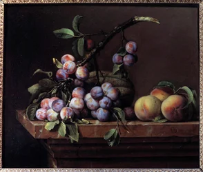 Blommer, squash og ferskner på en marmorentablatur Maleri af Pierre Dupuis (1610-1682) 1650 Søn. 0,51x0,6 m