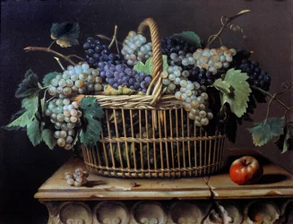 Still life of a bunch of grapes in a basket Painting by Pierre Dupuisdani