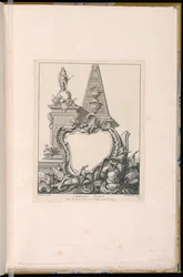 Cartouche med trofæer, en statue og en pyramide