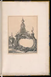 Cartouche med et springvand og en obelisk i baggrunden