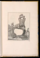 Cartouche med et springvand i en have i baggrunden