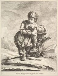 Barn med en hund, der holder en kurv med druer, fra Premier Livre de Figures daprès les po..., 1757.