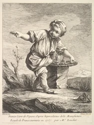 Frontispice med lille dreng, der holder en kurv, fra Premier Livre de Figures daprès les po..., 1757.