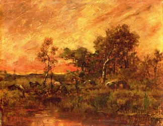 Skovklædt landskab med en kvistsamler, 1800-tallet