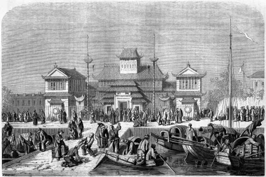 Toldsyn i havnen i Shanghai i 1860, Kina. Gravering af Grandsire, i "" Le Tour du Monde, Nouveau journal des Voyages"", redigeret af Edouard Charton, Paris