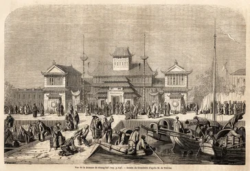 Shanghai Customs Building, tegning af Grandsire, for at illustrere rejsen til Kina og Japan, i 1857-1858, af Marquis de Moges. Indgravering i "" Le tour du monde, nouveau journal des voyages"" Paris