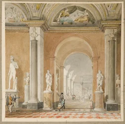 Det tidligere Belvedere Apollo-værelse ved Louvre (sort kridt & w/c på papir)