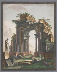 Udsigt over ruinerne af en triumfbue Ruine d´ancien monument (titel på objekt)