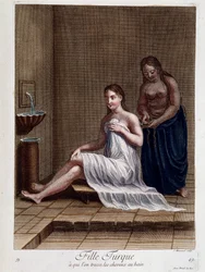 Tyrkisk pige, hvis hår flettes i badet - i "Samling af 100 tryk, som forestiller forskellige nationer i Levanten i 1707 og 1708", efter ordre fra M. de Ferriol, kongens ambassadør ved Porten, og ajourført i 1712-13 ved M. Le Hays omsorg