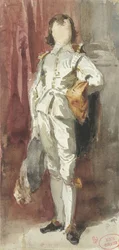 Stående dreng i Van Dyck-kostume, sat mod et rødt gardin