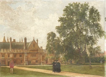In the Grounds of Magdalen College, med portrætter af Magdalen Fellows: Reverend T. H. T. Hopkins, Reverend H. R. Bramley, Reverend J. Rigaud og Reverend H. F. Garnsey, 1882