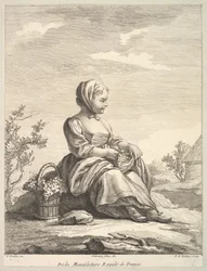 Lille pige, der holder druer med en kurv med dem ved sin side, fra Deuxième Livre de..., efter 1757.