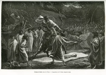 En begravelsesceremoni for Todas, et lille pastoralt samfund på Nilgiri-plateauet (Sydindien), under begravelsen ofres kvæg. Gravering af P. Fritel, til illustration af souvenirs fra en rejse til Nilgherries, af Madame Janssen, i 1.