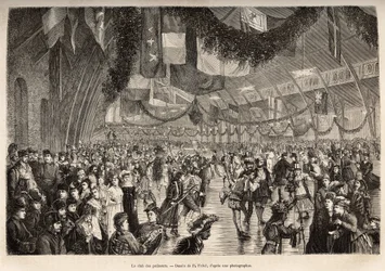 Montreal Skaters Club, på et møde for en kostume -skøjteløb, indgraveret efter en tegning af P.Fritel, der illustrerer udflugten til Canada og Riviere Rouge du Nord, af H. de LaMotte, i 1873, udgivet i “Le Tour du Monde ”” 1875, redigeret af Edo