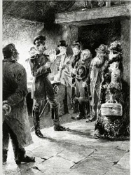 En tysk officer beder Boulle de talg til gengæld for frihed for alle de passagerer, der er blevet arresteret i diligencen. I "" Ball of tallow"" af Guy de Maupassant (1850-1893). Illustration af P. G. Jeanniot (1848-1934). Udgivet på Ollendorff i