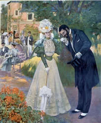 Belle epoque: "Håndsex": en mand, der hilser på en kvinde ved en reception. Illustration af Jeanniot for "" Le Figaro illustrious"" Begyndelsen af det 20. århundrede Paris, dekorativ kunst