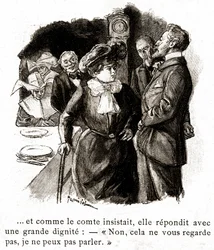 "Boule de Suif": Elisabeth Rousset nægter at svare greven, begyndelsen af det 20. århundrede (illustration)
