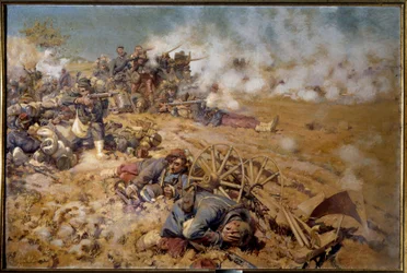1870-krigen: "" skudlinje ved slaget ved Rezonville den 16. august 1870"" Maleri af Pierre Georges Jeanniot (1848-1934) 1886 søn. 2x3 m Pau, Fine Arts Museum - War of 1870: Brandlinje ved slaget ved Rezonville, 16. august
