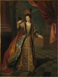 Fransk: Portrait présumé de Mademoiselle de Nantes (Louise-Françoise de Bourbon, 1673-1743), en costume de bal