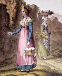 Traditionel kostume: en bonde fra omgivelserne i Lyon. Carpentier gravering
