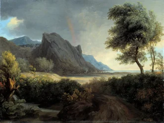 Bjerglandskab skyllet af havet. Regnbue. - Pierre de Valenciennes (1750-1819) 1800-tallet søn. 0,4x0,53 m