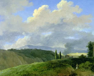 Bjerglandskab med figurer (olie på lærred)