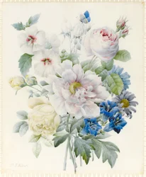 En buket blomster med en pæon, roser, hibiscus, asters, ensian og en fantasifuld blå sommerfugl