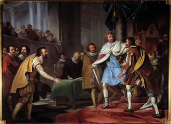 Ambassade for Maximilian af Bethune, hertug af Sully (1560-1641) til kong James I Stuart i 1603. Kongen af Frankrigs ambassadør Henri IV kom for at forhandle med den nye konge af England og kaldte ham Hampton Court den 9/09/1603 . Maleri af Pierre Lacour (