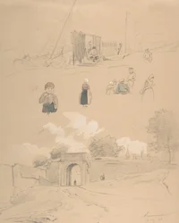 Studieark med figurer og landskaber ved Arnemuiden ved Middelburg..., midten af 1800-tallet.