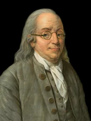 Portræt af Benjamin Franklin (1706-1790), amerikansk trykker, forlægger, videnskabsmand, opfinder, statsmand og diplomat - stik af Pierre Michel Alix