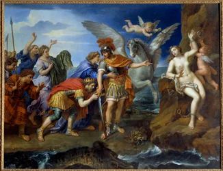 Persee lever Andromeda Andromeda lænket til en sten bliver leveret af Persee og redder marinemonsteret. Maleri af Pierre Mignard (1612-1695) 1600-tallet