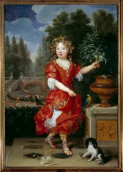 Portræt i foden af Mademoiselle de Blois (1666-1739) Marie Anne de Bourbon, datter af Louis XIV og Mademoiselle de la Valliere, fremtidig prinsesse af Conti Maleri af Pierre Mignard (1612-1695) 1600-tallet søn. 1,38x0,98 m