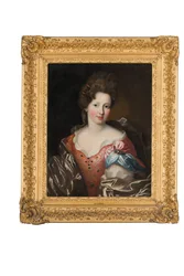 Portrait of Madame Valentinous, half-length, in a red embroidered dress with a blue and gray wrapdani