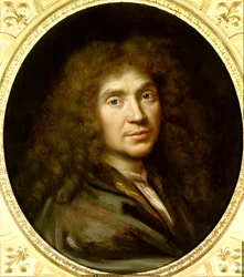 Portræt af Moliere (1622-1673) Jean Baptiste Poquelin. Olie på lærred. Dimension: 0,55 x 0,48. Maleri af Pierre Mignard (1612-1695) omkring 1658. Chantilly. Musee Conde. - Portræt af Moliere (1622-1673) Jean Baptiste Poquelin. Olie på lærred. 0,55 x 0,48. 