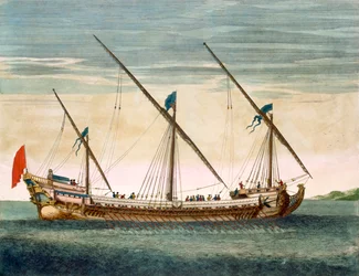 En tremastet galeasse under sejlads med årer, fra Le Neptune Français, ca. 1693-1700
