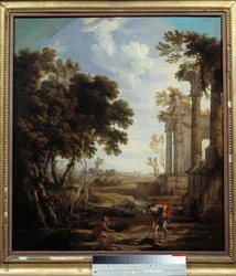 Moses begravede under sandet den egypter, som han havde dræbt. Moses havde dræbt egypteren, der havde slået en hebræer. Maleri af Pierre Patel Faderen (1605-1676). Svag. 0,94x0,84 m. 17. århundrede.